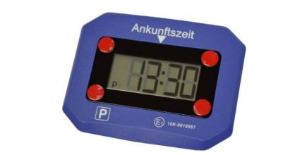 Die blaue, elektronische Parkscheibe ESCARBO PARK+ für Autos.